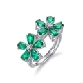 S925 silver double flower ring with pear-cut emerald green stones in a luxury petal design - Double Flower Design (RG018295) / 1.7CT Lab-Grown Emerald - Adjustable Open