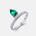 Adjustable S925 silver ring with pear-cut emerald gemstone and sparkling micro-pavé diamonds - Adjustable Open / Silver with Green Gem