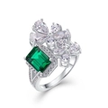 Floral S925 silver ring with emerald-cut green gemstone and teardrop zircon accents - HK Size 12 (Closed) / Emerald Green with Thick Silver White Gold