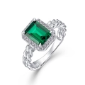 Bague élégante en émeraude avec halo de diamants et anneau torsadé en argent - HK11# / Style Rectangulaire Torsadé (RG018427) / 6*8mm