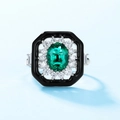 Vintage sun flower ring with oval emerald and black enamel border in 925 silver - Adjustable HK12# / Thick Silver White Gold (Main Stone)