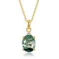 Elegante ciondolo ovale in agata muschiata verde e oro con accento di gemma bianca - Argento 925 / Placcato Oro 10K (7*9mm) - Ciondolo Solo (Senza Catena)