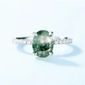 Elegant S925 silver ring with oval moss agate and sparkling zircon pavé setting - US6 / Thick Silver White Gold