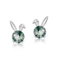 S925 silver rabbit ear stud earrings with natural green moss agate stones and mirror finish - 925 Silver / Platinized Silver (6*6mm Main Stone)