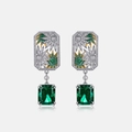 Smaragdschliff grüne Kristallohrringe aus S925 Silber mit Emaille-Blumendetails - 925er Silber / Dickes Silber Weißgold (Hauptstein 10*12mm)