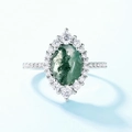 Ovaler Moosachat-Ring aus 925er Sterlingsilber mit Halo-Akzenten für Damen - US6# / Silber