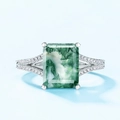 Rectangle natural moss agate ring in S925 silver with split shank diamond accents - US 6# / Silver-Moss Agate