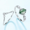 S925 sterling zilveren ringenset met zeshoekige groene mosagaat en witte zirkoon - US 6# / Dik Zilver Wit Goud