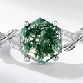 S925 Silberring mit hexagonalem Moosachat und filigranen Details im Weinblatt-Design - US6# / Dickes Silber Weißgold