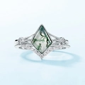 S925 silver set featuring a kite-cut moss agate ring and V-shaped diamond band - US 6# / White Gold
