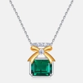Collar de plata S925 con colgante de esmeralda rectangular y detalle de lazo dorado - Plata 925 / Oro Blanco Plata Grueso (Piedra Principal 7*9MM/1.8ct)