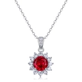 Luxuriöse S925 Silber Sonnenblumen Kette mit großem Rubin Anhänger und funkelnden Zirkonen - 925er Silber / Laborgezüchteter Rubin (Rund 6.5MM)