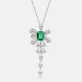 S925 silver bow necklace featuring a long emerald gemstone and dangling pear-cut stones - Lab-Grown Emerald Necklace / 925 Silver
