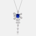 Silver bow necklace featuring a blue emerald-cut stone and pear-shaped drop accents - Cultured Sapphire Necklace / 925 Silver