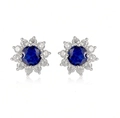 Elegant S925 silver flower stud earrings with a deep blue gemstone and halo of white diamonds - Lab-Grown Sapphire (1ct Main Stone) 10 Small Diamonds