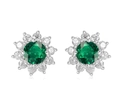 S925 silver flower stud earring featuring a vibrant green round gemstone and white halo - Lab-Grown Emerald (1ct Main Stone) 10 Small Diamonds