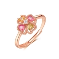 Roségouden klavertje vier ring met roze en gele hartvormige toermalijn edelstenen - Verstelbare ring toermalijn bloem / 925 zilver