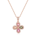 Rose gold clover necklace with four-petal colorful gemstones and sparkling pave setting - Pendant Only (Without Chain) / 925 Silver