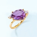 Elegant 925 silver ring with pear-cut purple crystal and gold-plated finish - HK11# / Synthetic Amethyst