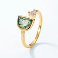 Gold plated S925 silver open ring with green moss agate and round cubic zirconia - Adjustable / Gold (Main Stone 5*7mm)