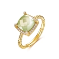 S925 Silberring in Gold mit quadratischem hellgrünem Edelstein und Halo-Diamanten - Einstellbar Offen / Zitronencitrin (Goldenes Band)
