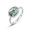 S925 sterling silver twist ring with oval natural green moss agate stone for women - Adjustable Open / Green Moss
