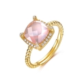 Verstellbarer Goldring mit rosa Edelstein im Quadratschliff und weißem Zirkonia-Besatz - Einstellbar Offen / Natürlicher Rosenquarz (Goldenes Band)