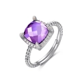 Adjustable S925 silver ring with square purple gemstone and twisted rope band - Adjustable Open / Amethyst (Silver Band)
