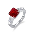 Prinzess-Schliff Ring mit rotem Edelstein aus S925 Silber und verstellbarer Ringschiene - Einstellbar Offen / Laborgezüchteter Rubin (Quadratischer Hauptstein)