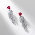 Boucles d'oreilles pampilles en argent 925 avec pierres rouges carrées et feuilles serties - Style Rubis de Laboratoire / Argent 925