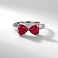 Silver bow heart ring featuring red lab-grown rubies in an adjustable open band design - Adjustable US 7 / Red (Lab-Grown Ruby Ring)