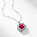 S925 sterling silver necklace featuring a round lab-grown ruby pendant with a halo of white zircon - 925 Silver / Lab-Created Ruby (Main Stone Round 6.5mm)