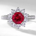 Sunflower-shaped S925 silver ring with a large red ruby gemstone and sparkling zircon halo - Adjustable Open / Lab-Grown Ruby