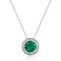 Elegante collana in argento S925 con ciondolo smeraldo rotondo e alone di diamanti - Argento 925 / Smeraldo Creato (Pietra Principale Tonda 6.5mm)