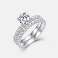 Set anelli fidanzamento in argento S925 con moissanite rotonda e bande in pavé di diamanti - US6 / Oro Bianco Argento Spesso