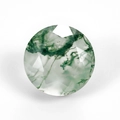 Macro view of a circular faceted natural moss agate gemstone with green inclusions - Round Faceted Green Moss Stone (LTXS005712) / 6x6MM (0.68ct)