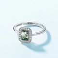 Retro Ring aus S925 Silber mit rechteckigem Moosachat und funkelndem Haloschliff - Verstellbar US 7 / Silber
