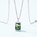 Rectangle green moss agate pendant with silver necklace and zircon accents - 925 Silver / White Gold Plating (With Chain) (7x9mm Main Stone)