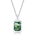 Rectangular green moss agate necklace in S925 silver with marquise zircon accents - 925 Silver / Pendant Only (Without Chain) (7x9mm Main Stone)