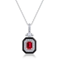 Art Deco ketting met rode robijn hanger en zwart emaille frame in S925 zilver - 925 zilver / Laboratorium Robijn (Octogoon 5*7mm) Met Ketting