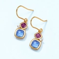 Elegant gold drop earrings featuring square purple and blue crystals with zircon accents - Synthetic Blue Crystal 10K Gold Lacquer