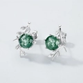 Orecchini a perno rametto d'ulivo in argento S925 con agata muschiata verde tonda - Argento 925 / Oro Bianco Argento Spesso (Pietra 8mm)