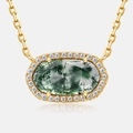 Elegante collana con ciondolo in agata muschiata ovale in argento S925 e aureola di zirconi - Argento 925 / Agata Muschiata