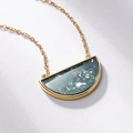 Elegant gold S925 silver necklace with semi-circle green moss agate pendant on gray background - 10K Gold + Electrophoretic Lacquer