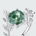 S925 zilveren ring met mosagaat en natuurlijk ontwerp met olijfboomtakken en bladeren - US6# / Zilver