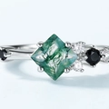 Elegant S925 silver ring featuring square green moss agate and accent gemstones - US 6 / Silver/Green Moss Agate