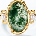 Lussuoso anello in argento S925 con agata muschiata ovale e perle dorate - Regolabile HK12# / Placcato Oro 10K (Pietra Principale Ovale 7.5*11.5mm)