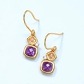 Gold dangle earrings with purple and amber cushion-cut crystals in a three-stone drop style - Synthetic Amethyst 10K Gold Lacquer