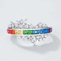 Elegant S925 silver rainbow zircon ring with colorful gems and wavy white crystal borders - US6 / Silver