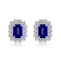 Orecchini a lobo in argento S925 con gemme blu rettangolari e alone di zirconi bianchi - Argento 925 / Zaffiro di Laboratorio (Ottagono 4x6)